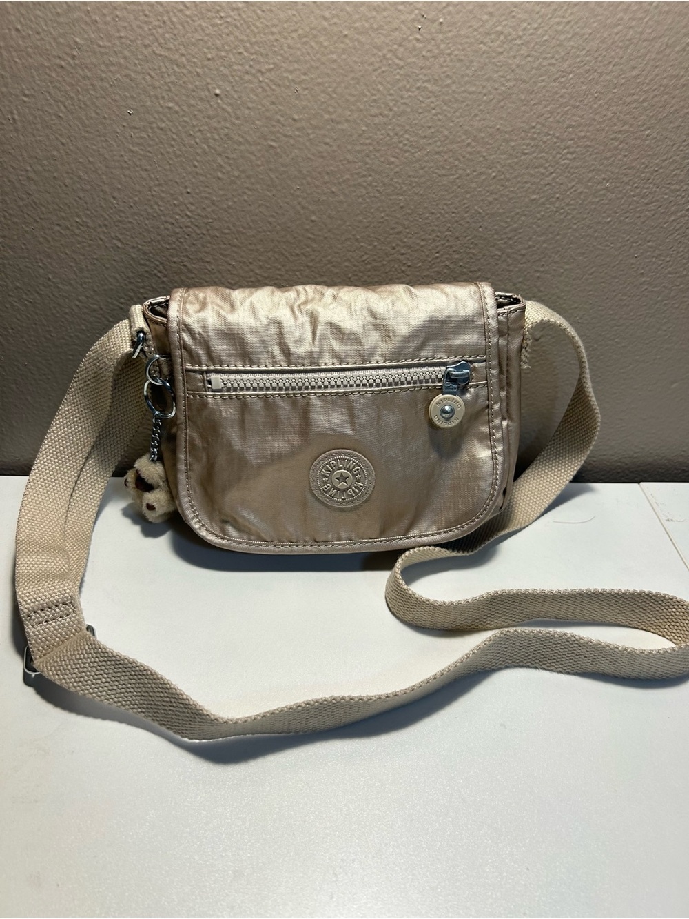 Kipling Gold Metallic Sabian Crossbody Bag with Monkey charm
